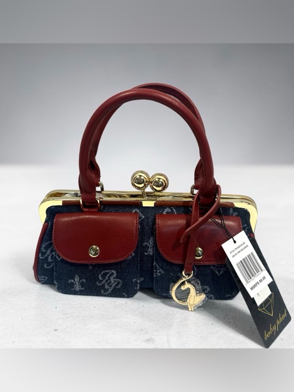 Baby Phat Red and Denim Mini Frame Handbag with Gold Hardware